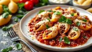 Coquilles farcies sauce à la viande et fromage crémeux aux herbes