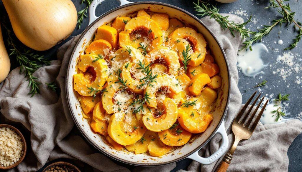 Gratin de butternut au fromage frais au four : douceur fondante, herbes fraîches et crème pour réchauffer les soirs d’hiver