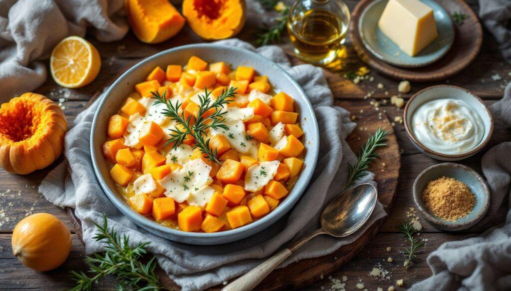 Gratin de butternut au fromage frais au four : douceur fondante, herbes fraîches et crème pour réchauffer les soirs d’hiver