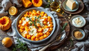 Gratin de butternut au fromage frais au four : douceur fondante, herbes fraîches et crème pour réchauffer les soirs d’hiver