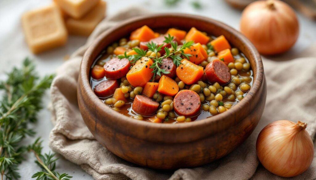 La recette cocooning de l’hiver : lentilles mijotées, carottes et saucisse fumée en casserole express pour dîner réconfortant sans effort