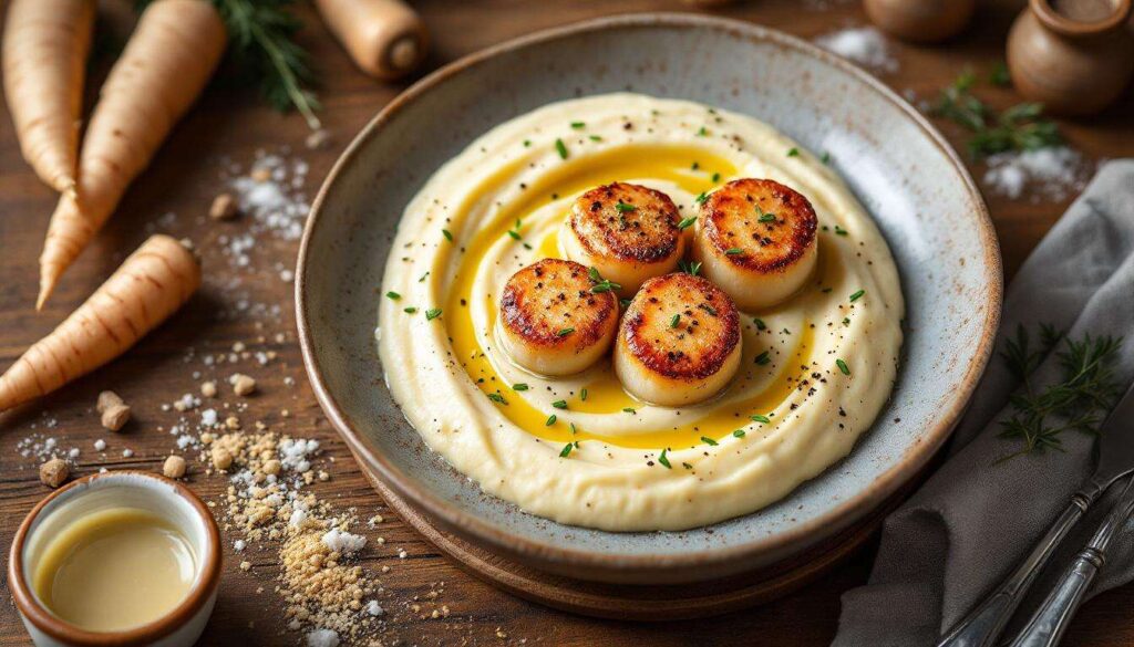 Déposez vos Saint-Jacques sur cette onctueuse purée de légume d'hiver oublié pour un plat à la fois simple et raffiné