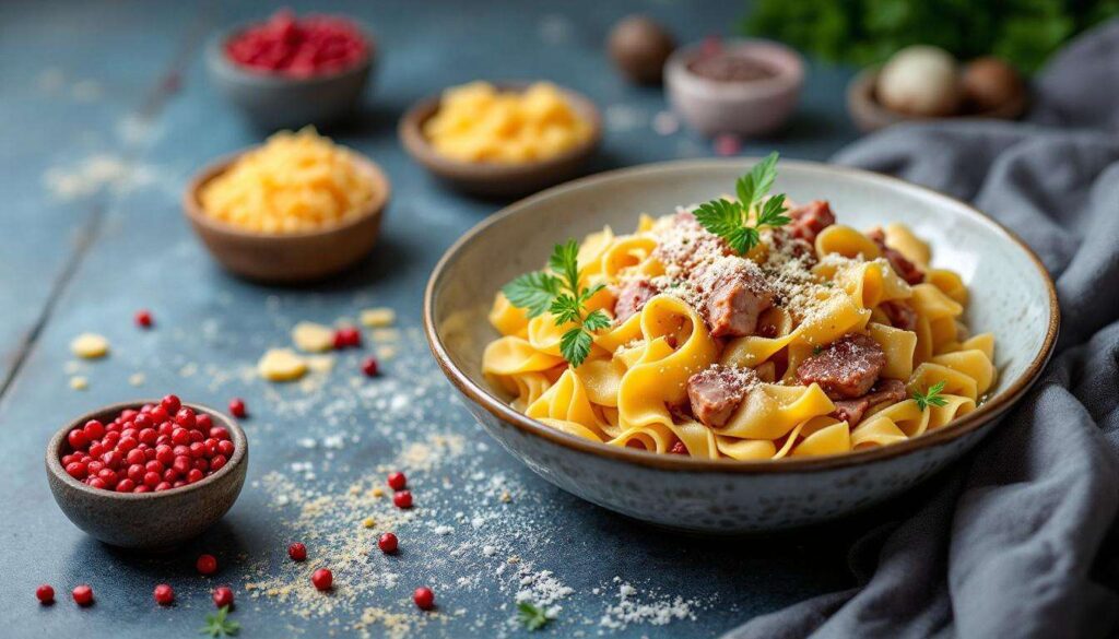 Pappardelles à l’épaule picnic de porc fumée, cheddar vieilli et crème aux poivres rose