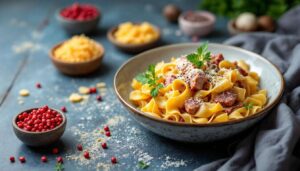 Pappardelles à l’épaule picnic de porc fumée, cheddar vieilli et crème aux poivres rose