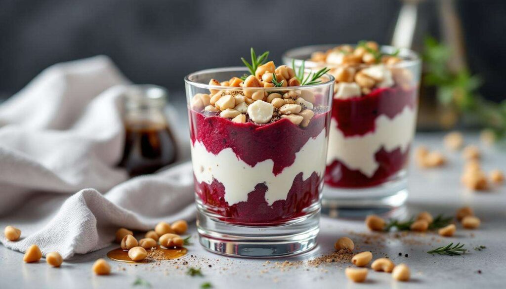 Verrines apéritives betterave, chèvre frais et noisette, une entrée chic, colorée et raffinée