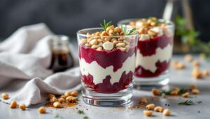 Verrines apéritives betterave, chèvre frais et noisette, une entrée chic, colorée et raffinée
