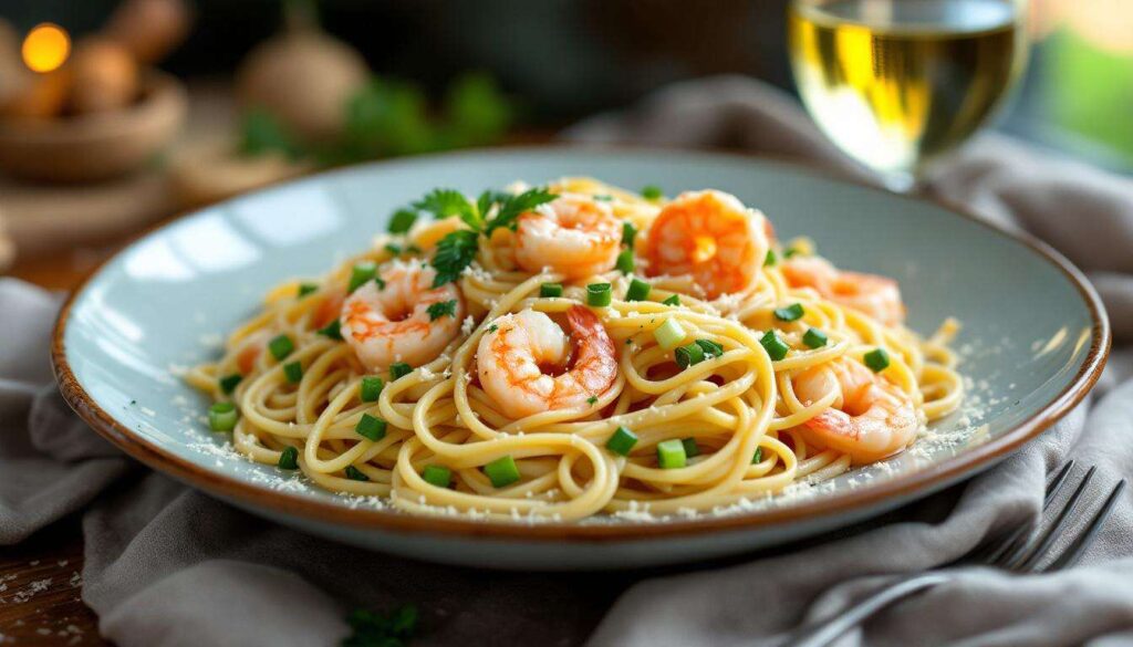 Ingrédients pour des linguine aux poireaux, sauce crème et crevettes (2 personnes)