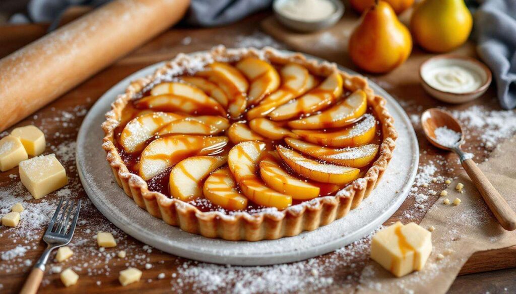 Montage de la tarte rustique aux poires et au caramel