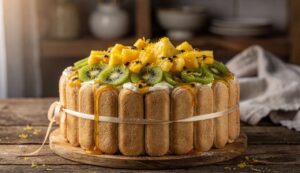 Charlotte aux kiwis, ananas et coulis de fruits de la passion