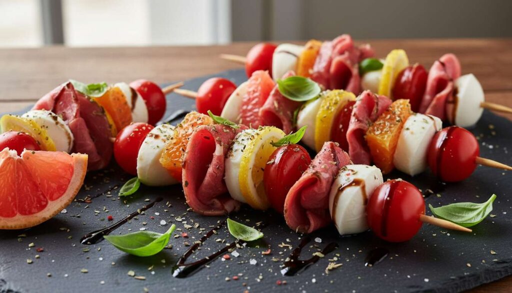 Brochettes de carpaccio aux agrumes, tomates et mozzarella : une recette gourmande