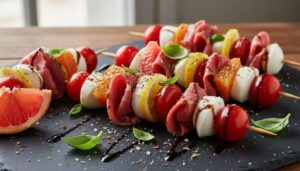 Brochettes de carpaccio aux agrumes, tomates et mozzarella : une recette gourmande