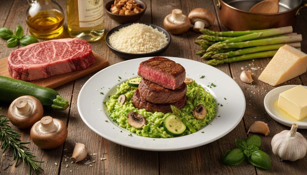 Petits pavés de bœuf poêlés avec risotto courgettes-champignons-asperges