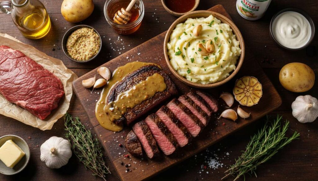 Onglet de bœuf, sauce moutarde et miel, pommes de terre à l'ail