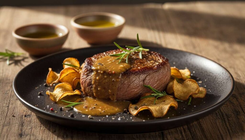 Fondant de faux-filet au beurre noisette, romarin et chips de topinambour