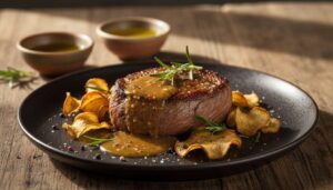 Fondant de faux-filet au beurre noisette, romarin et chips de topinambour