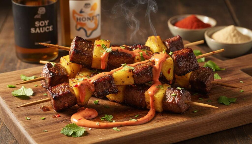 Brochettes de bœuf à l'ananas et mayonnaise épicée : recette savoureuse