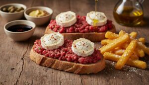 Tartine croustillante : tartare de bœuf et chèvre frais, frites de polenta