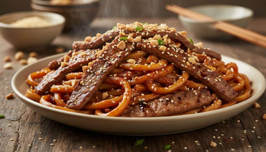 Recette d'udons sautés au bœuf satay : un plat savoureux