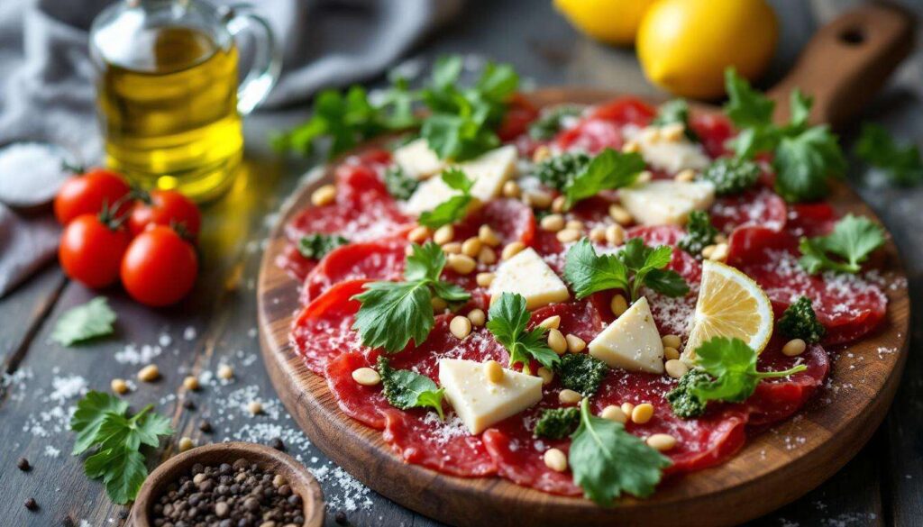 Recette roll de carpaccio : fromage frais, citron et pesto de roquette