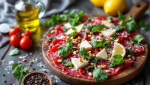 Recette roll de carpaccio : fromage frais, citron et pesto de roquette