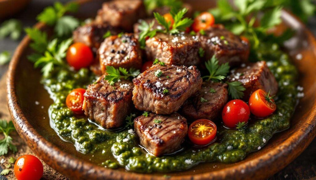 Bouchées de boeuf : sauce chimichurri et tomates cerises rôties