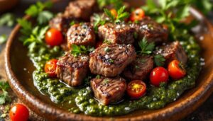 Bouchées de boeuf : sauce chimichurri et tomates cerises rôties