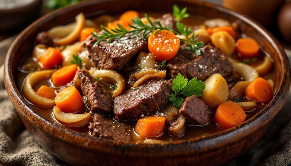 Pavé de bœuf mijoté à la bière et moutarde à l'ancienne