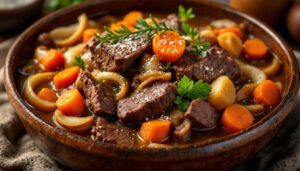 Pavé de bœuf mijoté à la bière et moutarde à l'ancienne