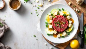 Recette verrines : tartare de bœuf, pomme, mimolette et soja