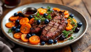 Pavé de bœuf aux carottes et sauce myrtille-vin