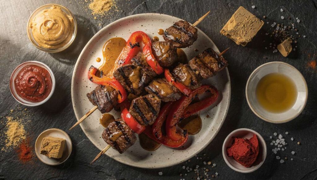Brochettes de bœuf sauce mafé et poivrons marinés