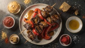 Brochettes de bœuf sauce mafé et poivrons marinés