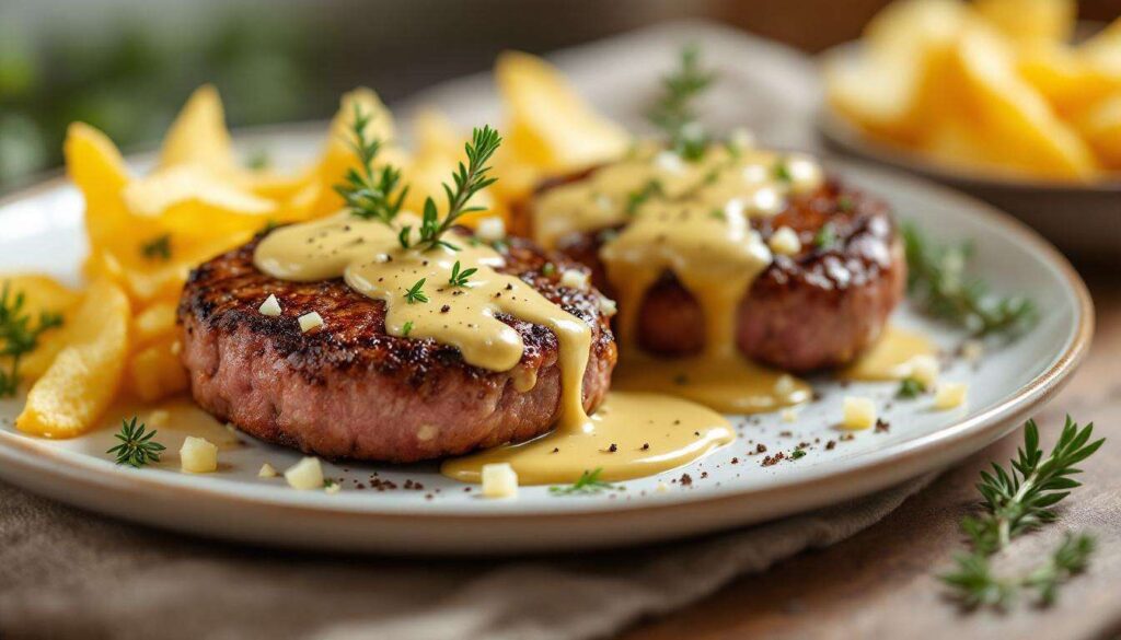 Recette : pavés de bœuf poêlés, chips de pommes de terre et sauce crémeuse à la moutarde à l'ancienne