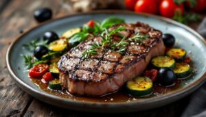 Steak de boeuf sauté aux courgettes, tomates confites et olives