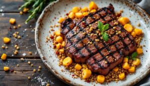 Bavette de boeuf grillée, maïs et sarrasin croustillant