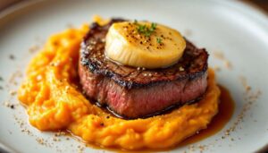 Entrecôte snackée au foie gras : recette gourmande avec purée de potimarron
