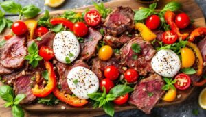 Salade d'été au bœuf mariné, poivres et mozzarella : recette savoureuse