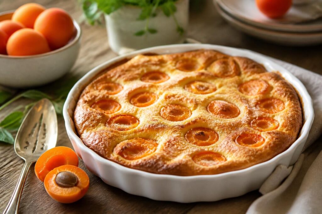 Clafoutis aux abricots de grand-mère doré dans un plat à gratin, parsemé de sucre glace, servi sur une table en bois