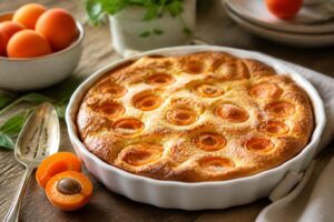 Clafoutis aux abricots de grand-mère doré dans un plat à gratin, parsemé de sucre glace, servi sur une table en bois