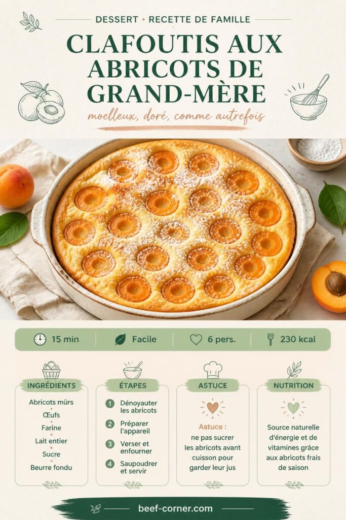 Clafoutis aux abricots de grand-mère doré dans un plat en céramique, sucre glace, recette facile