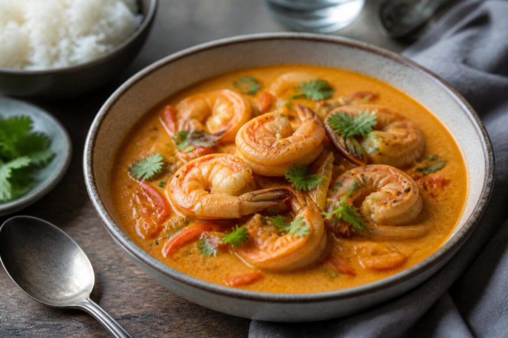 Poêlée de crevettes au lait de coco et curry Madras, servie avec du riz basmati et de la coriandre fraîche