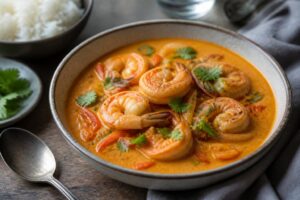 Poêlée de crevettes au lait de coco et curry Madras, servie avec du riz basmati et de la coriandre fraîche