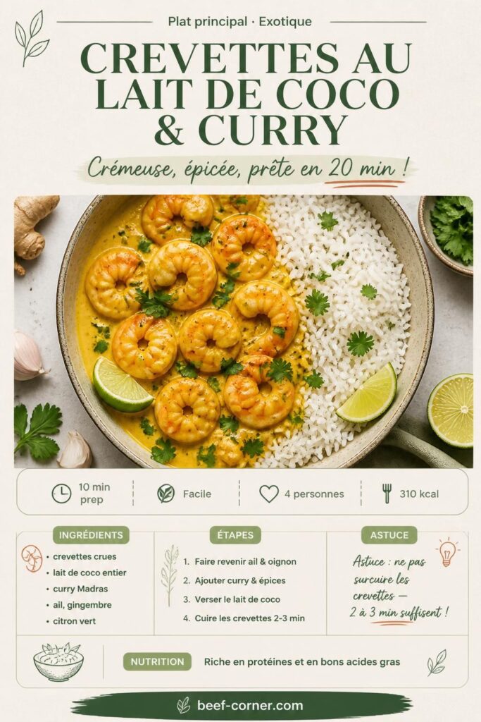 Crevettes au lait de coco et curry Madras, sauce crémeuse et coriandre fraîche