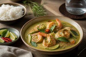 Curry vert de crevettes thaï au lait de coco servi dans un bol avec du riz jasmin, basilic thaï et coriandre fraîche