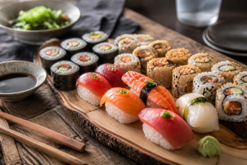 Plateau de sushis maison : makis au saumon, nigiri et california rolls sur une ardoise noire, avec wasabi, gingembre mariné et sauce soja