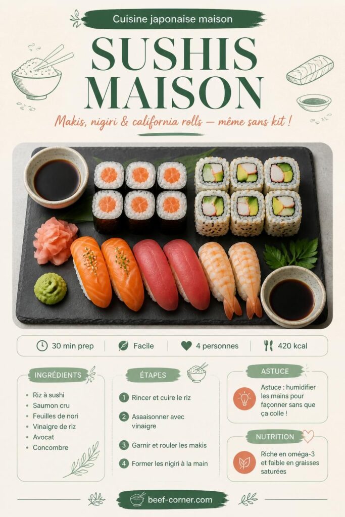 Plateau de sushis maison : makis, nigiri et california rolls sur ardoise avec sauce soja et wasabi