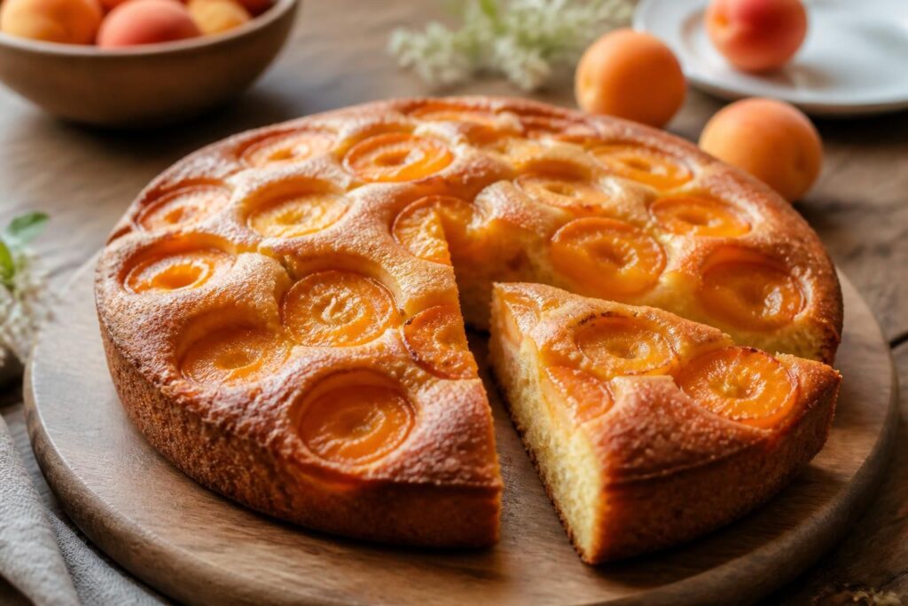 Gâteau aux abricots frais ultra moelleux tranché sur une assiette en bois, oreillons dorés apparents et amandes effilées sur le dessus