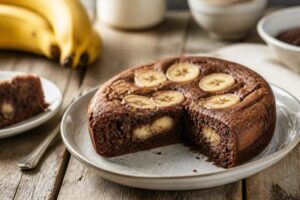 Gâteau chocolat banane léger sans beurre, coupé en tranches sur une planche en bois, avec des bananes mûres et des pépites de chocolat noir autour