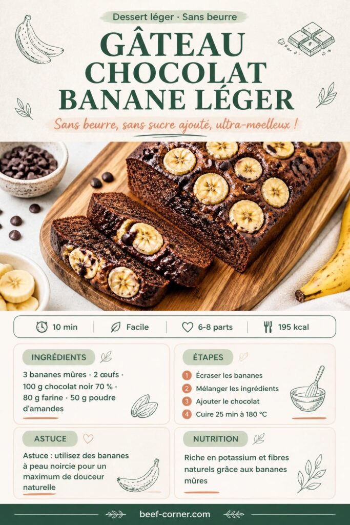 Gâteau chocolat banane léger sans beurre, tranché sur une planche en bois avec des pépites de chocolat et des bananes mûres