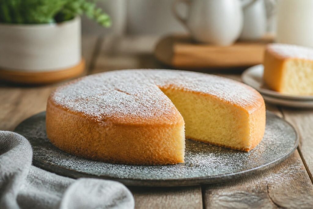 Gâteau extra moelleux et léger coupé en tranches, servi sur une assiette blanche avec un léger voile de sucre glace